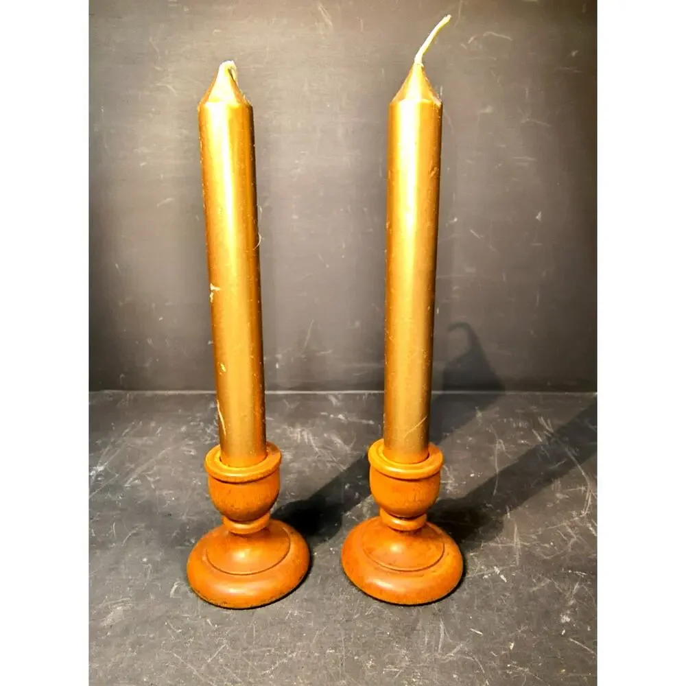 1996.  Pair Vintage  Hand Turned Wooden Candlestick Holders Round Base